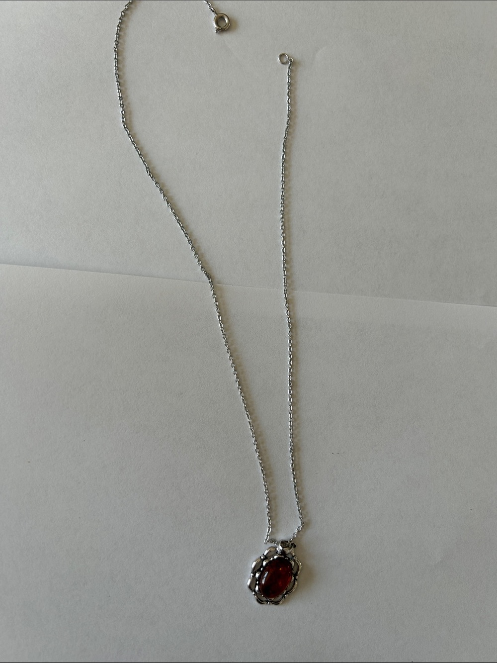 Sterling Silver Amber Pendant Necklace - Orange Gem. 18”